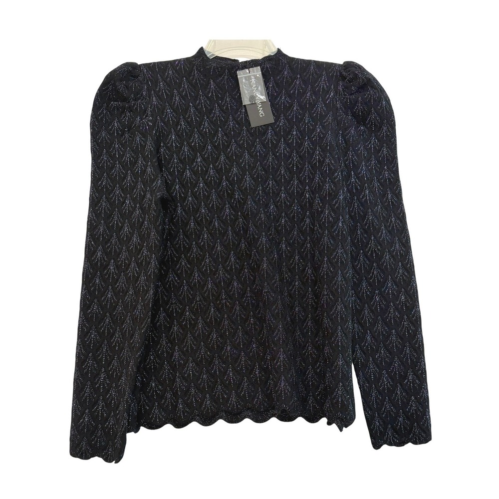 Nancy Yang New York Black Silver Metallic Puff Shoulder‎ Mock Neck Top Large NWT